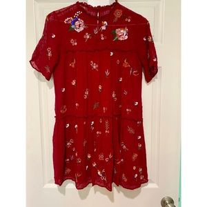 Embroidered Red Babydoll Dress